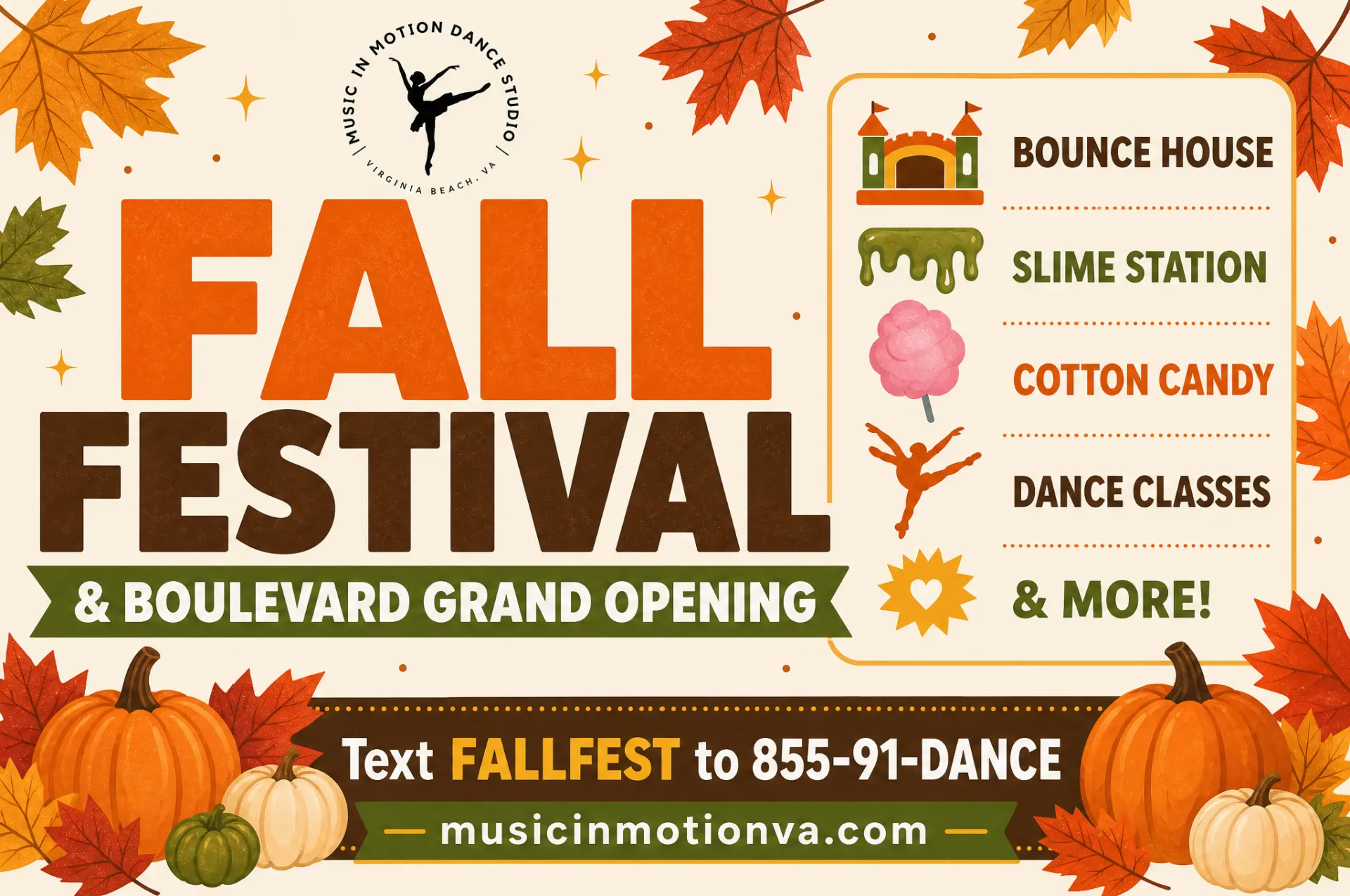 Fall Festival and Boulevard Grand Opening share card for Music in Motion Dance Studio