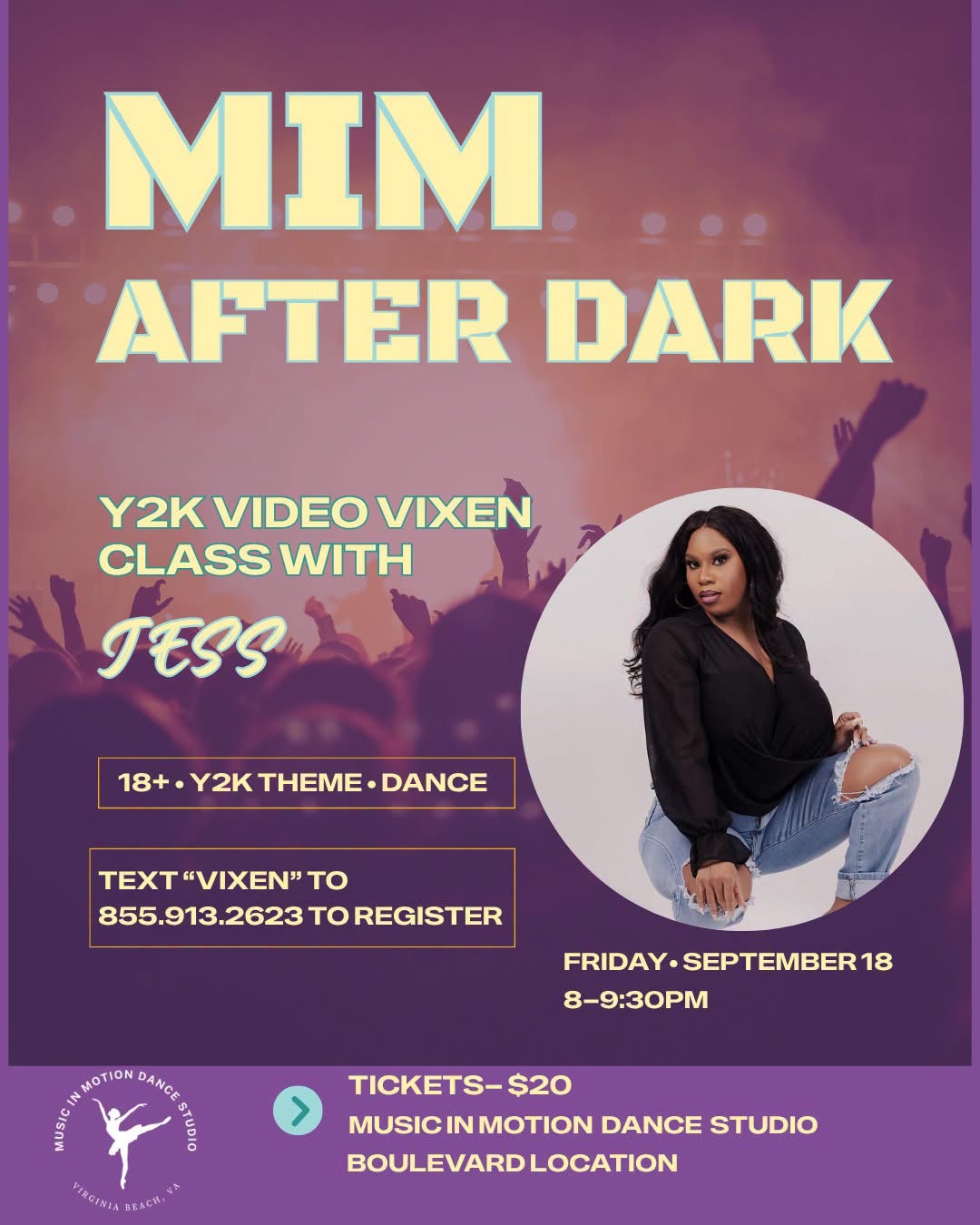 MIM After Dark Y2K Video Vixen night promotional flyer with instructor Jess